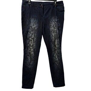 Dark Denim Floral Brocade Skinny Jeans Sz 8 blue multi women jeans
